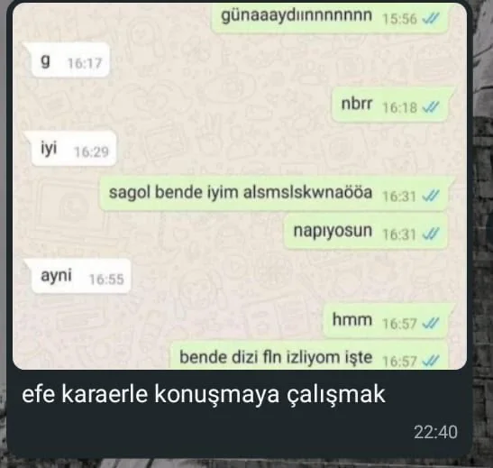 Kısa cevaplardan oluşan WhatsApp konuşmasının ekran görüntüsü